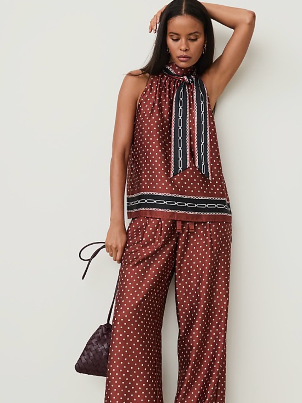 Geo print tie neck blouse